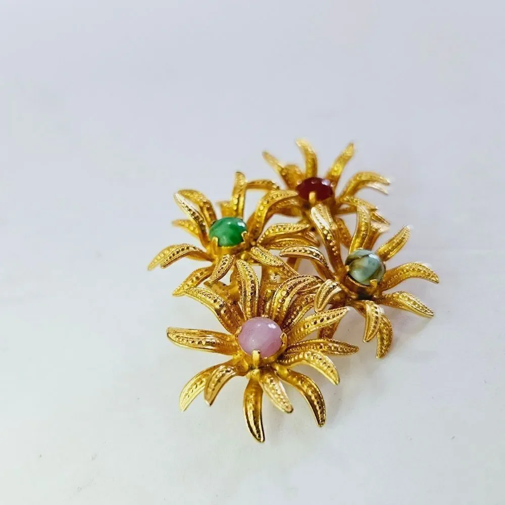Vintage Signed Austria Gold Tone Prong Set Rhinestone Cabochon Floral Brooch Pin